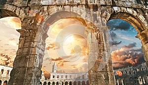 Pula amphitheatre arches with sunset sky background