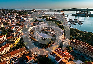 Pula Arena at sunset - aerial view taken by a professional drone
