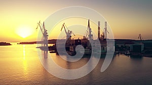 PULA, CROATIA - AUGUST 5, 2017. Aerial view of the Uljanik shipyard at sunset