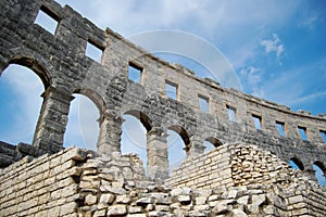 Pula, Croatia - 5 October 2008: old roman coliseum, Pula Arena city summer vacation concept, famous Roman amphitheater in Pula,