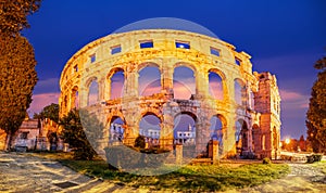 Pula, Croatia. Roma ancient Pola, night scene with Arena