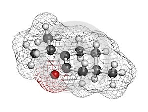Pulegone molecule. 3D rendering. Atoms are represented as spheres with conventional color coding: hydrogen (white), carbon (grey photo