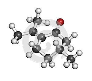 Pulegone molecule. 3D rendering. Atoms are represented as spheres with conventional color coding: hydrogen (white), carbon (grey photo