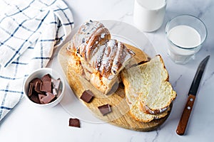 Pull Apart Bread with chocolate drops and powdered sugar