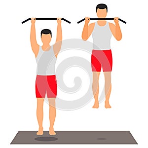 Pull-up on the crossbar. Male athlete performs the exercise. Sports, fitness. Vector.
