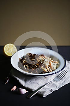 Pulled beef meat with wild rice and chickpeas, cuban cuisine