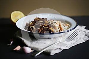 Pulled beef meat with wild rice and chickpeas, ropa vieja photo