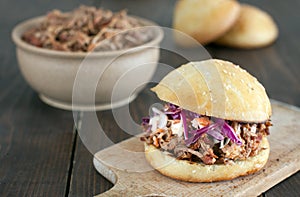 Pulled pork burger with red cabbage salad