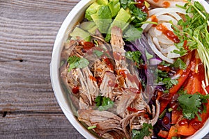 Pulled pork loaded ramen bowl dish