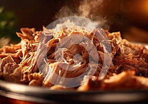 Pulled pork meat preparation in pot.Macro.AI Agenerative