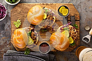 Pulled pork sandwiches with cabbage and pickles