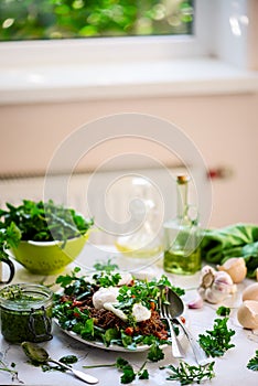 Pulled pork and vegy hash arugula chmichurri. selective focus