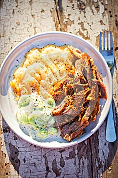 Pulled, seasoned pork, with mashed fried potatoes and cucumber and sour cream salad photo
