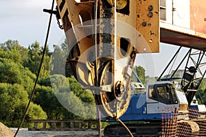 pulley from heavy machinery crane in the construction of road junction in Moscow.