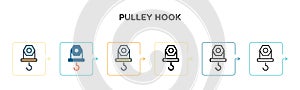 Pulley hook vector icon in 6 different modern styles. Black, two colored pulley hook icons designed in filled, outline, line and