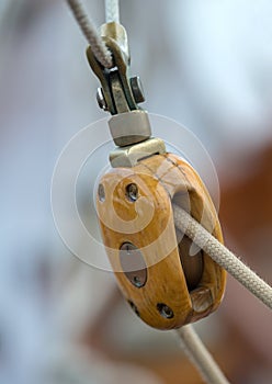 Pulley and rope on old sailing ship
