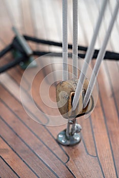 Pulley and rope on old sailing ship