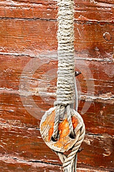 Pulley with ropes on sailing vessel
