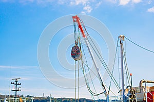 Pulleys. Pulleys of a fishing boat or vessels. Fishing industry.