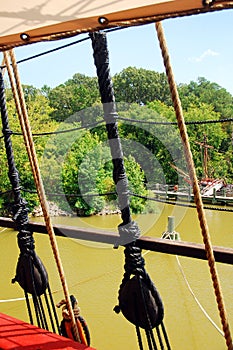 Pulleys and rigging on a recreated 16th Century British sailing ship