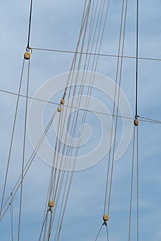 Pulleys and ropes on sailing ship