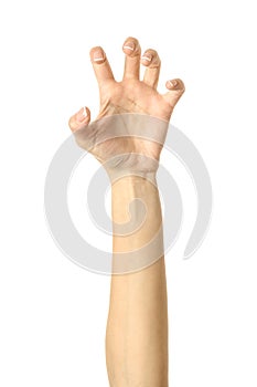 Pulling, grabbing, reaching or scratching. Woman hand gesturing isolated on white