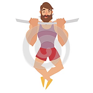 Pulling up exercise. Man tightened on the panel. Stylish man in shorts. vector illustration