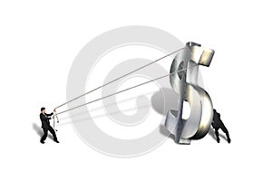 Pulling up large metal money 3d symbol