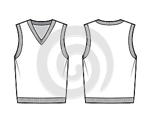 Pullover vest sweater waistcoat technical fashion illustration with sleeveless, rib knit V-neckline, oversized body
