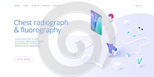 Pulmonary xray illustration in isometric vector design. Pulmonology theme image with doctor analyzing lungs on monitor.