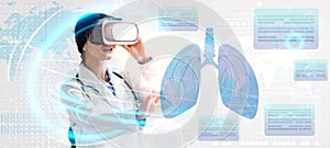 Pulmonologist using VR goggles to study patient health data