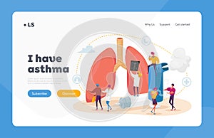 Pulmonology and Asthma Disease Landing Page Template. Tiny Characters at Huge Lungs and Inhaler, Respiratory System