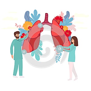 Pulmonology vector illustration. Flat tiny lungs healthcare persons concept. Abstract respiratory system examination and
