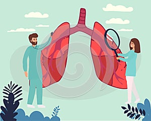 Pulmonology vector illustration. Flat tiny lungs healthcare persons concept. Abstract respiratory system examination and