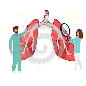 Pulmonology vector illustration. Flat tiny lungs healthcare persons concept. Abstract respiratory system examination and