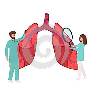 Pulmonology vector illustration. Flat tiny lungs healthcare persons concept. Abstract respiratory system examination and