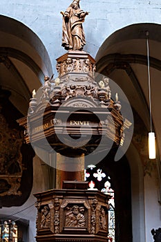 Pulpit in Constance Cathedral with intricate ornaments. Konstanz Minster, Germany.