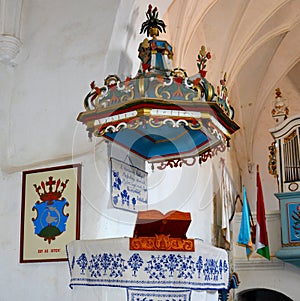 Pulpit in the old fortified church Dirjiu, Transylvania, Romania