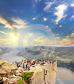 Pulpit rock at sunrise in Norway. Travel background