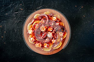 Pulpo a la gallega, octopus in the Spanish style, Galician dish, overhead