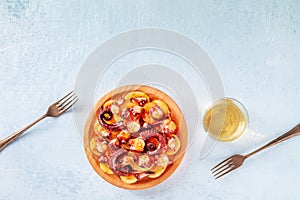 Pulpo a la gallega, octopus in the Spanish style, Galician dish, overhead