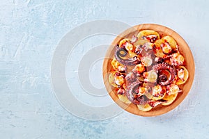 Pulpo a la gallega, octopus in the Spanish style, Galician dish, overhead