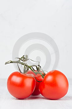 Pulpy red tomatoes on branch in light soft white modern kitchen interior with copy space, vertical, closeup.