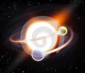 Pulsar star solar system with two planets in fire.
