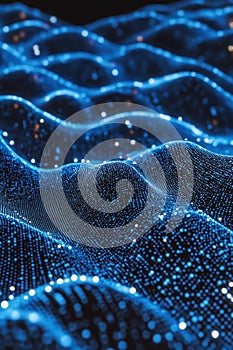 Pulsating blue digital signal waves floating in dark space fractal patterns merging with binary code streams