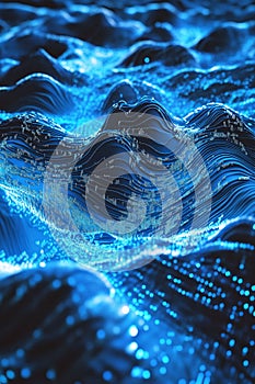 Pulsating blue digital signal waves floating in dark space fractal patterns merging with binary code streams