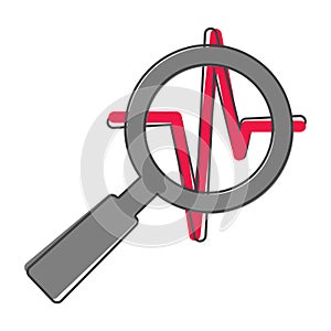 Pulse and glass magnifier vector illustration. Heartbeat symbol of cardiology cartoon style on white isolated background