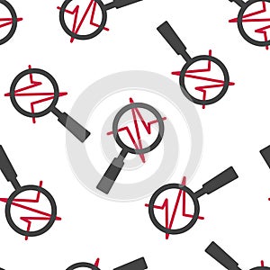 Pulse and glass magnifier vector illustration. Heartbeat symbol of cardiology seamless pattern on a white background