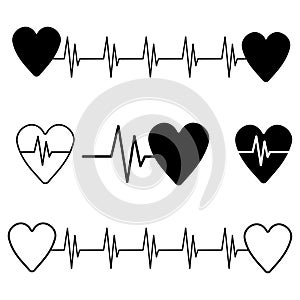 Pulse heart icon set. Cardiology symbol. Heartbeat sign. Medical logo. Healthy life. Vector illustration. Stock image.