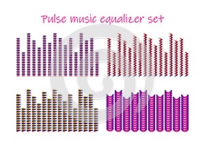 Pulse music equalizer set. Audio colorful sound wave design. Music graph color elements. Vector waveform illustration